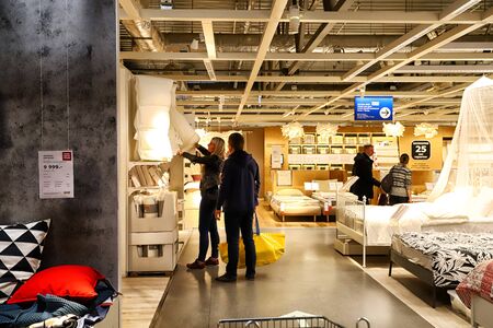 Kazan, Russia - Oktober 17, 2018: Interior of large IKEA store with a wide range of products in Russia. Bedroom furnitureのeditorial素材
