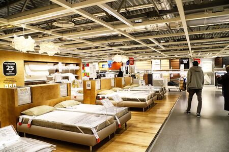 Kazan, Russia - Oktober 17, 2018: Interior of large IKEA store with a wide range of products in Russia. Bedroom furnitureのeditorial素材