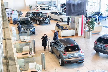 Kirov, Russia - March 14, 2018: Cars in showroom of dealership Nissan in Nizhny Novgorodcity in...