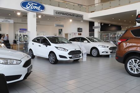 Kirov, Russia - March 14, 2018: Cars in showroom of dealership Ford in Nizhny Novgorodcity in 2018
