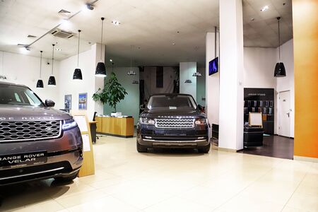 Kazan, Russia - May 18, 2018: Cars in showroom of dealership Range Rover in Kazan in 2018のeditorial素材