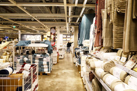 Kazan, Russia - Oktober 17, 2018: Interior of large IKEA store with a wide range of products in Russia. Things for bedroomのeditorial素材