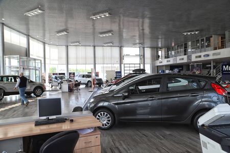 Kazan, Russia - May 27, 2018: Cars in showroom of dealership Ford in Kazan in 2018