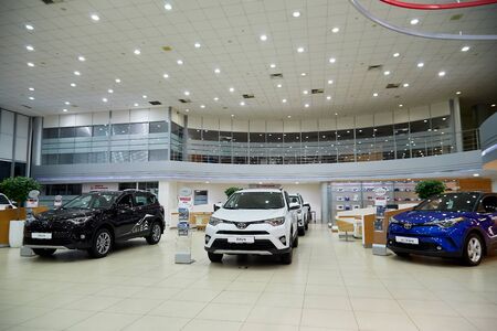 Kazan, Russia - October 16, 2018: Cars in showroom of dealership Toyota in Kazan city in Tatarstan in 2018のeditorial素材