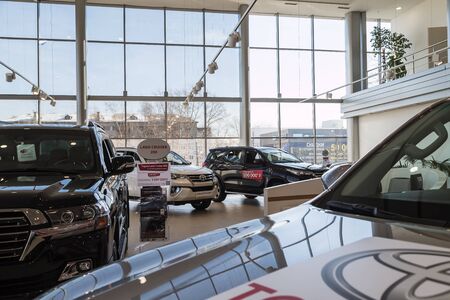 Nizhny Novgorod, Russia - March 14, 2018: Cars in showroom of dealership Toyota in Nizhny Novgorodcity in 2018のeditorial素材