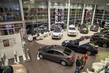 Kazan, Russia - October 16, 2018: Cars in showroom of dealership Kia in Kazan city in 2018. Top viewのeditorial素材