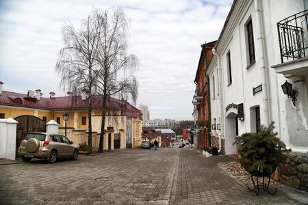 Minsk, Belarus - April 05, 2018: Narrow street in Minsk in old part of city which is the capital of...