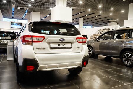 Kazan, Russia - May 18, 2018: Cars in showroom of dealership Subaru in Kazan in 2018