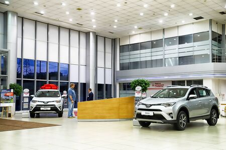 Kazan, Russia - May 18, 2018: Cars in showroom of dealership Toyota in Kazan in 2018のeditorial素材