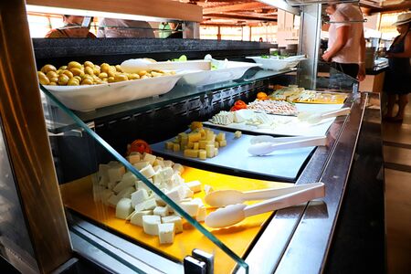 Turkey, Alanya - May 20. 2018: Food on the shelves in the self-service buffet with all inclusive and...