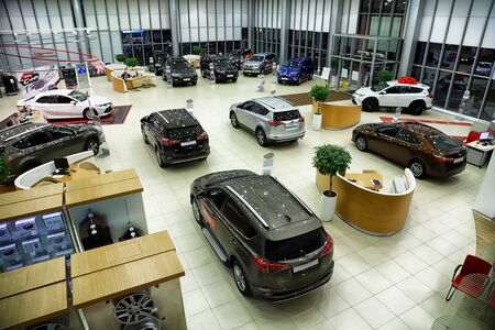 Kazan, Russia - May 18, 2018: Cars in showroom of dealership Toyota in Kazan city. Top viewのeditorial素材