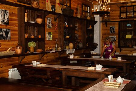 Dudutki, Belarus - September 13, 2018: Cafe stylized as old home in estate Dudutki in Belarusのeditorial素材