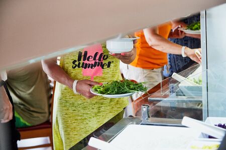 Turkey, Alanya - May 25. 2018: Food on the shelves in the self-service buffet with all inclusive and...
