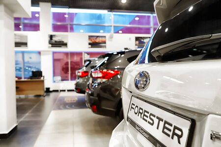 Kazan, Russia - May 18, 2018: Cars in showroom of dealership Subaru in Kazan in 2018のeditorial素材