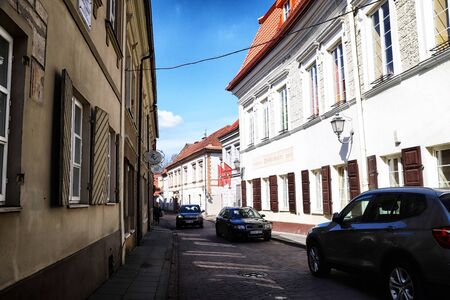 Vilnius, Lithuania - April 04, 2018: Narrow Street in old part of Vilnius city which is the capital...