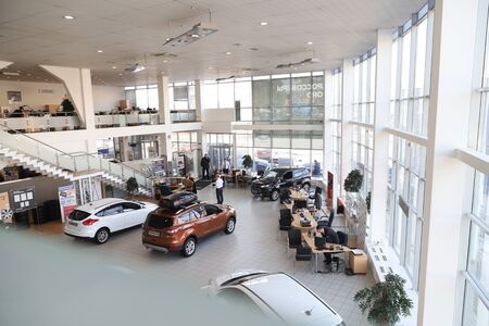 Nizhny Novgorod, Russia - March 14, 2018: Cars in showroom of dealership Hynday in Nizhny Novgorod city in 2018. Top viewのeditorial素材