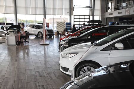 Kazan, Russia - May 27, 2018: Cars in showroom of dealership Ford in Kazan in 2018のeditorial素材