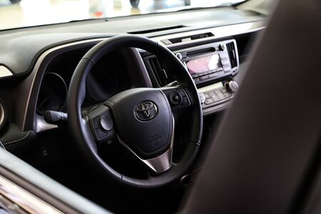 Kazan, Russia - August 31, 2018: Steering wheel of car in showroom of dealership Toyota in Kazan cityのeditorial素材