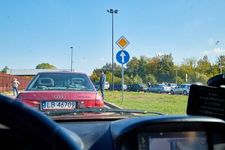 Brest, Belarus - October 01, 2018: Queue of cars on the border of Poland and Belarus on the river Bug bridge near the checkpointのeditorial素材