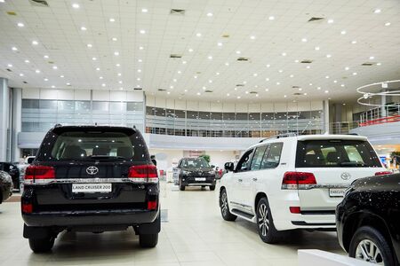 Kazan, Russia - October 16, 2018: Cars in showroom of dealership Toyota in Kazan city in Tatarstan...