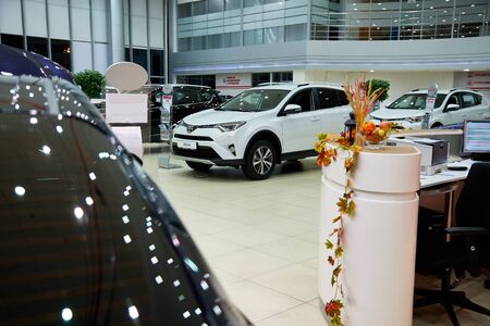 Kazan, Russia - October 16, 2018: Cars in showroom of dealership Toyota in Kazan city in Tatarstan...