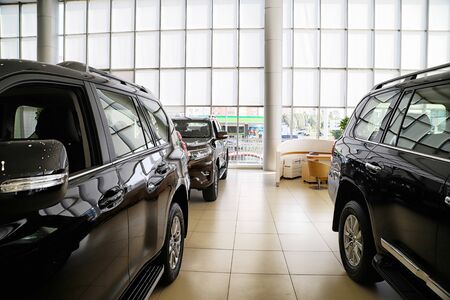 Kazan, Russia - August 31, 2018: Cars in showroom of dealership Toyota in Kazan city