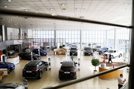 Kazan, Russia - August 31, 2018: Cars in showroom of dealership Toyota in Kazan city. Top view