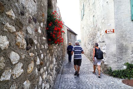 Laufen, Switzerland - September 19, 2018: Laufen castle in Switzerland near Rhine falls in a day and tourists in itのeditorial素材