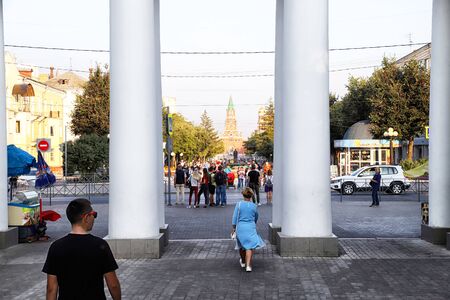 Yoshkar-Ola, Russia - August 30, 2018: Entrance with columns to the city Park and people in a summer dayのeditorial素材