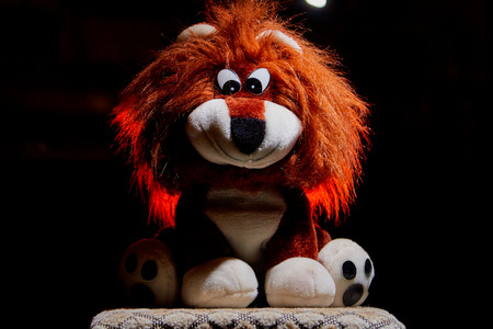 Plush lion toy with backlight. Children toy in dark roomの写真素材