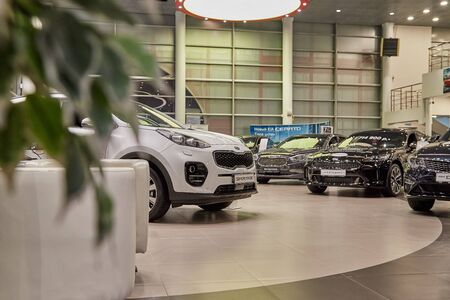 Kazan, Russia - October 16, 2018: Cars in showroom of dealership Kia in Kazan city in 2018