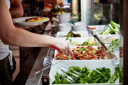 Counter with white plate with food counter at the hotel. Sistem All inclusive in Turkeyの写真素材