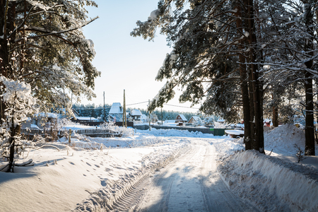 Village covered with snow in cold winter eveningの写真素材