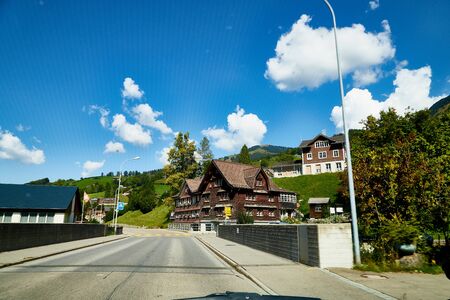Lucerne, Switzerland - September 19, 2018: Village view from the window of a moving car near Lucerne...