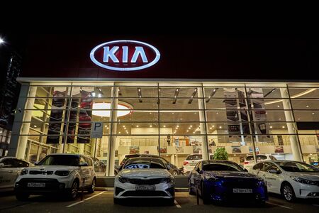 Kazan, Russia - October 16, 2018: Entrance in showroom of dealership Kia in Kazan city in Tatarstan in 2018 at night timeのeditorial素材