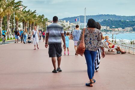 Nice, France - September 23, 2018: Promenade near the sea and the people on it in Nice in France in a good dayのeditorial素材