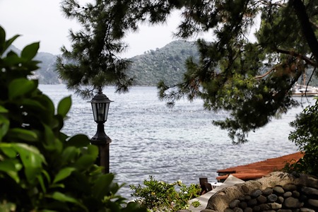 Branches of trees and view of sea and mountain through them. Holiday concept
