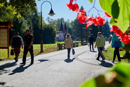 Heviz, Hungary - September 27, 2018: Park in Heviz city near lake Heviz and pepople in it on a Sunny summer day in Hungaryのeditorial素材