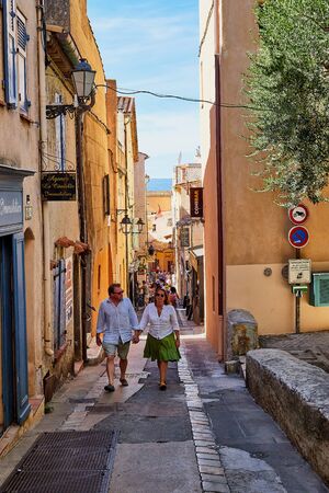 Saint-Tropez, France - September 22, 2018: Narrow street in the old part of the city Saint-Tropez in...