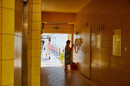 Heviz, Hungary - September 27, 2018: Hall and tourists inside the building on therapeutic lake Heviz in Hungary having hot water during all time of a yearのeditorial素材