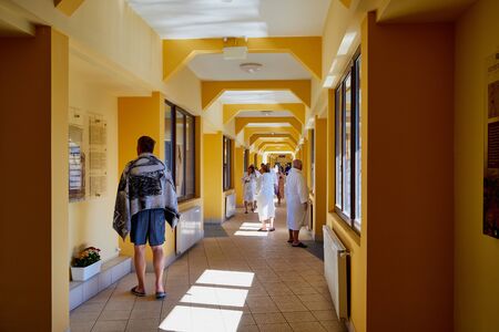 Heviz, Hungary - September 27, 2018: Hall and tourists inside the building on therapeutic lake Heviz in Hungary having hot water during all time of a yearのeditorial素材