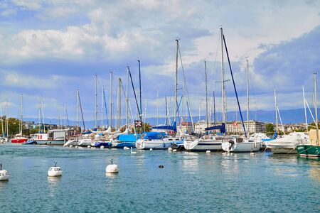 Geneva, Switzeland - September 21, 2018: Panoramic view of the sailboats on lake Geneva in a nice...