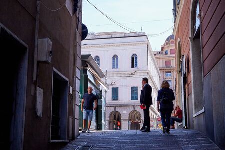 Genoa, Italy - September 24, 2018: Narrow street in the old part of the city Genoa in a good dayのeditorial素材