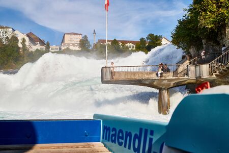 Rhine, Switzerland - September 19, 2018: The Rhine Falls in Switzerland. View of the largest waterfall in Europe from the boatのeditorial素材