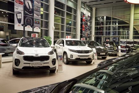 Kazan, Russia - October 16, 2018: Cars in showroom of dealership Kia in Kazan city in 2018