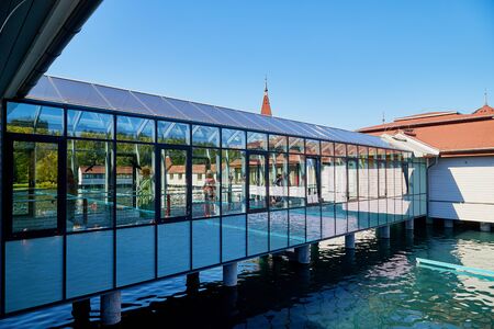 Heviz, Hungary - September 27, 2018: Beautirul house Balneological therapeutic lake Heviz in Hungary...