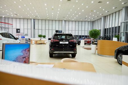 Kazan, Russia - October 16, 2018: Cars in showroom of dealership Toyota in Kazan city in Tatarstan...