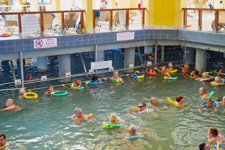 Heviz, Hungary - September 27, 2018: Pool in in the house in therapeutic lake Heviz in Hungary having hot water during all time of a yearのeditorial素材