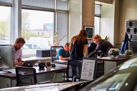Kirov, Russia - May 07, 2019: Managers in showroom of dealership Mercedes in Kirov in 2019のeditorial素材