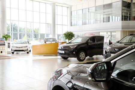 Kazan, Russia - August 31, 2018: Cars in showroom of dealership Toyota in Kazan city